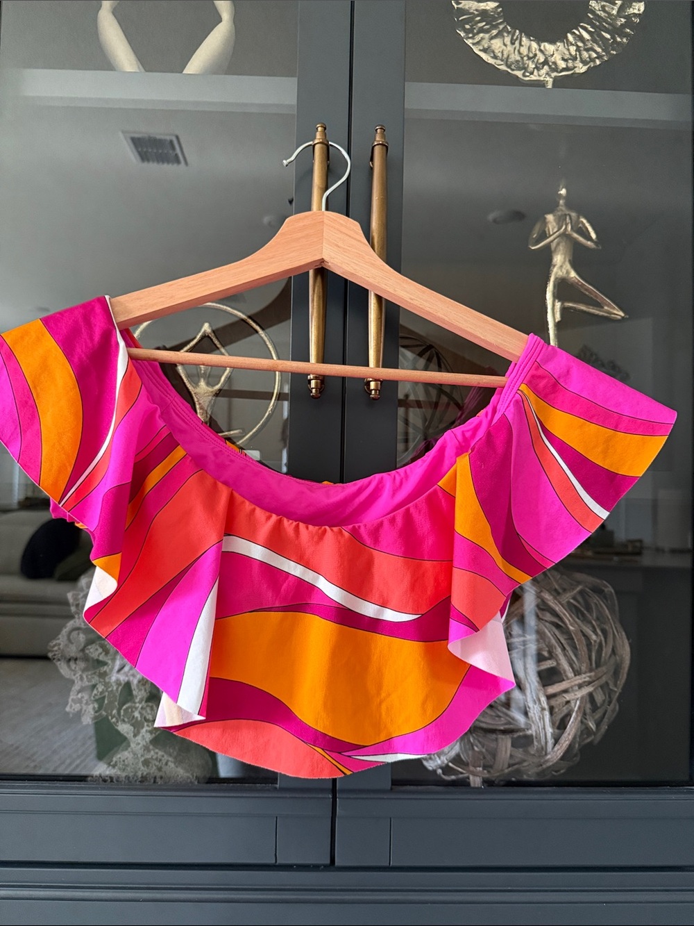 Trina Turk Pink, Orange & White Off-Shoulder Ruffle Crop Top